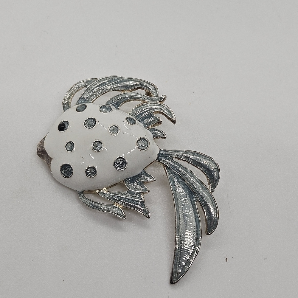 silver tone white fish pendant pin brooch signed MJ